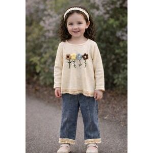 Floral Waffle Knit Top and Denim Jeans Set Kids 4Y Like New